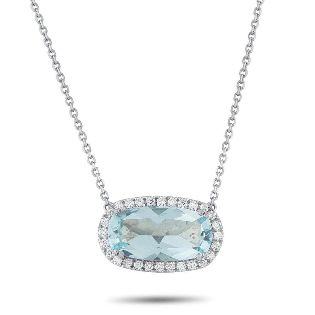 14K WHITE GOLD 0.70CT DIAMOND AND AQUAMARINE NECKLACE: With nothing extraneous to distract the eye, this piece demonstrates how simplicity and clarity create presence on their own. This 14K white gold necklace allows an 8.50-carat oval aquamarine to stand