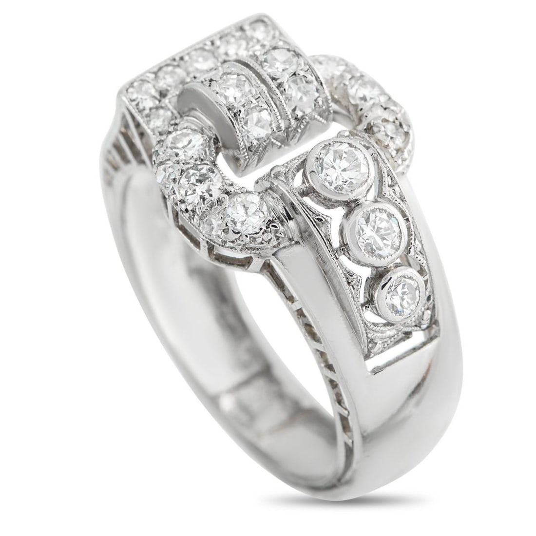 PLATINUM 0.45CT DIAMOND ART DECO RING: A unique design makes this Art Deco ring a veritable work of art. The buckle shaped design beautifully showcases an array of sparkling Diamonds with a total weight of 0.45 carats. Set in Platinum, it 
