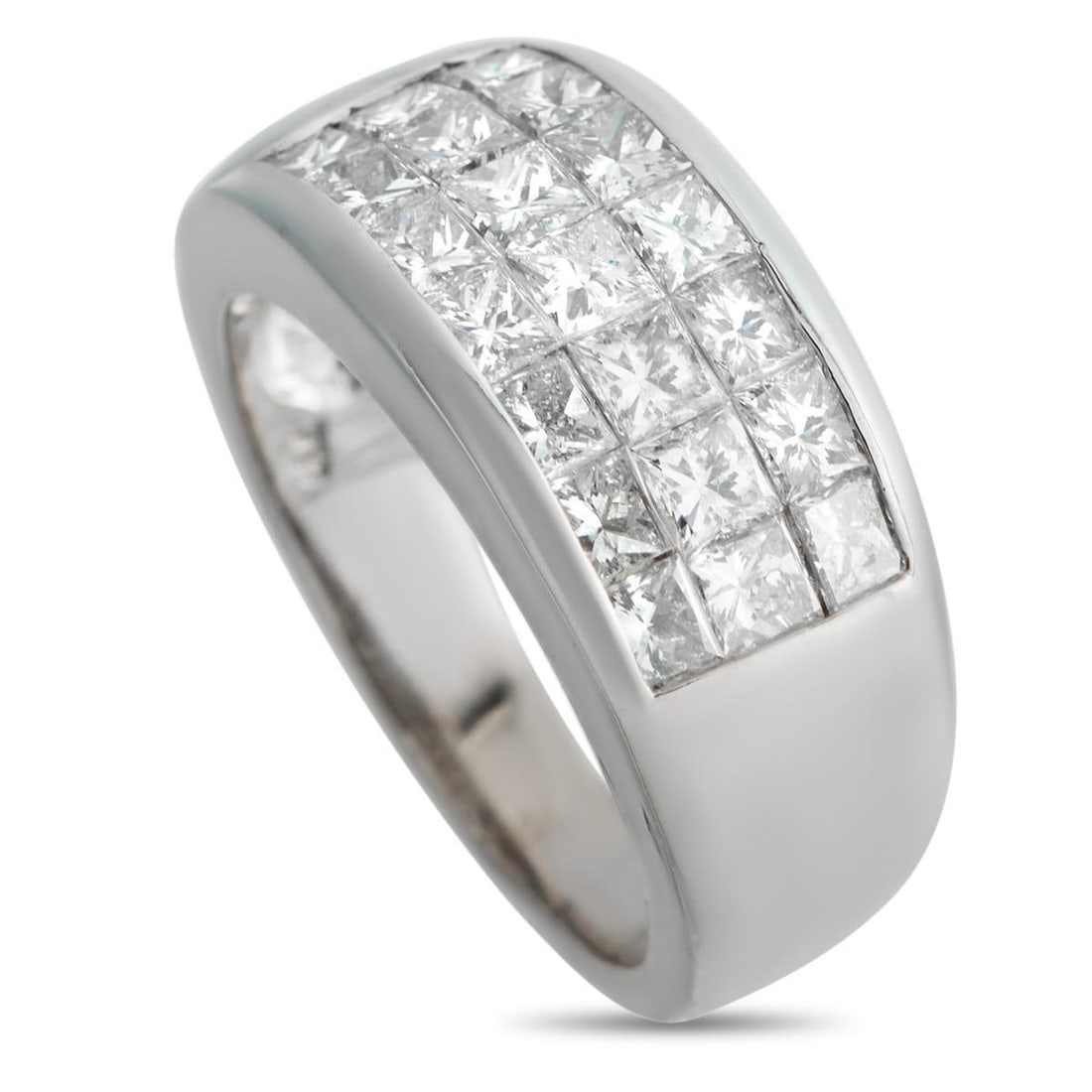 18K WHITE GOLD 2.50CT DIAMOND RING: This luxury ring is bold and incredibly impactful. At the center of the sleek 18K White Gold setting, invisible set Diamonds totaling 2.50 carats effortlessly catch the light. A 6mm wide band and a 4m