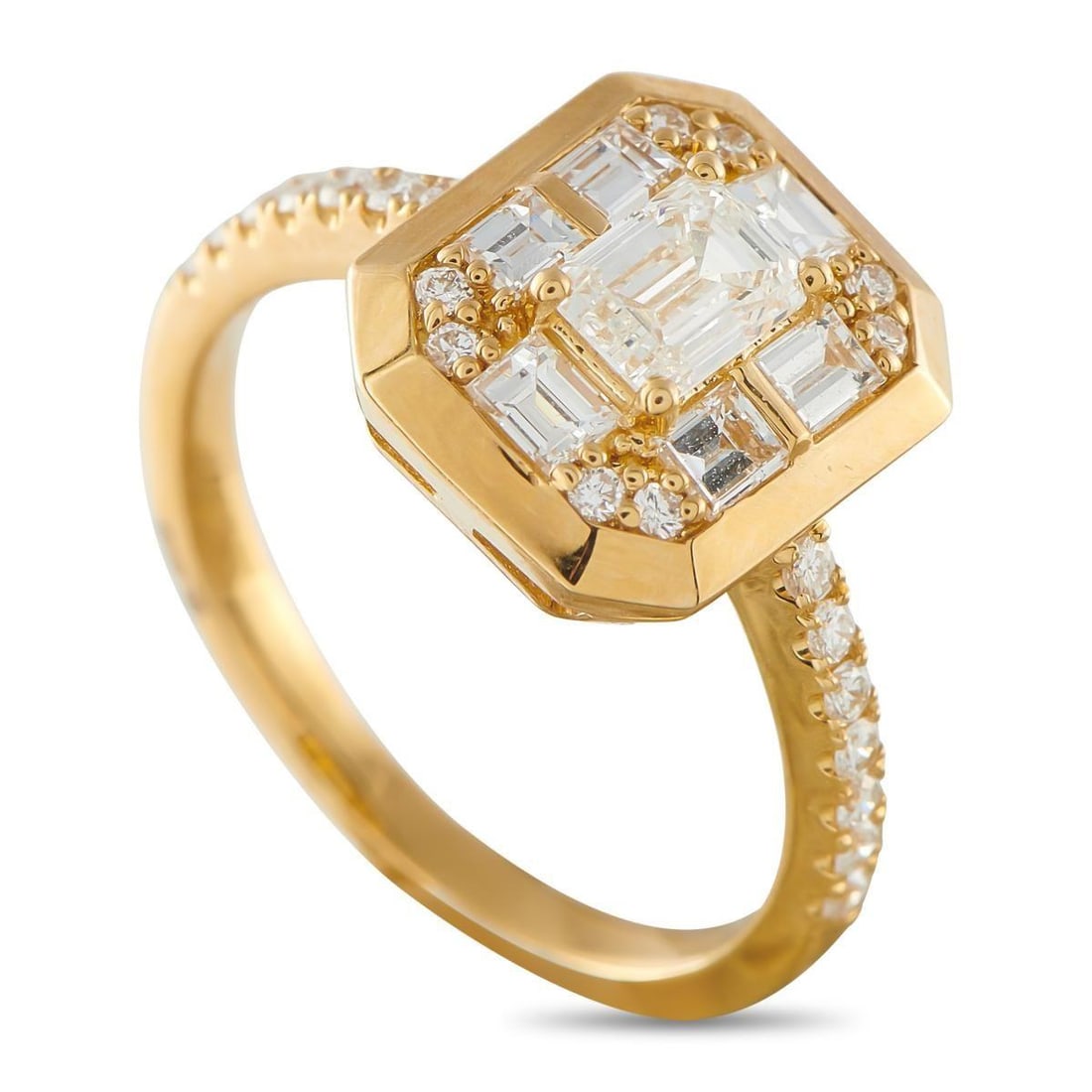 18K YELLOW GOLD 1.16CT DIAMOND RING: This luxury ring is designed to continually catch the light. Set in 18K Yellow Gold, the 0.48 carat Diamond center stone is surrounded by additional Diamond accents totaling 0.68 carats. It features a