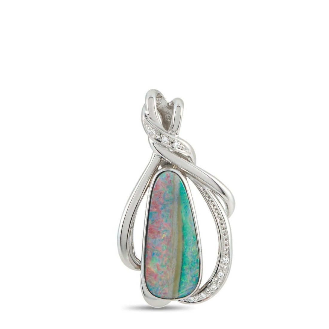 PLATINUM 0.06CT DIAMOND AND OPAL PENDANT: Captivating colors emanate from this 8.35 carat opal, which sits at the center of this exquisite pendant. Detailed, delicate, and full of movement, Diamond accents with a total weight of 0.06 carats a