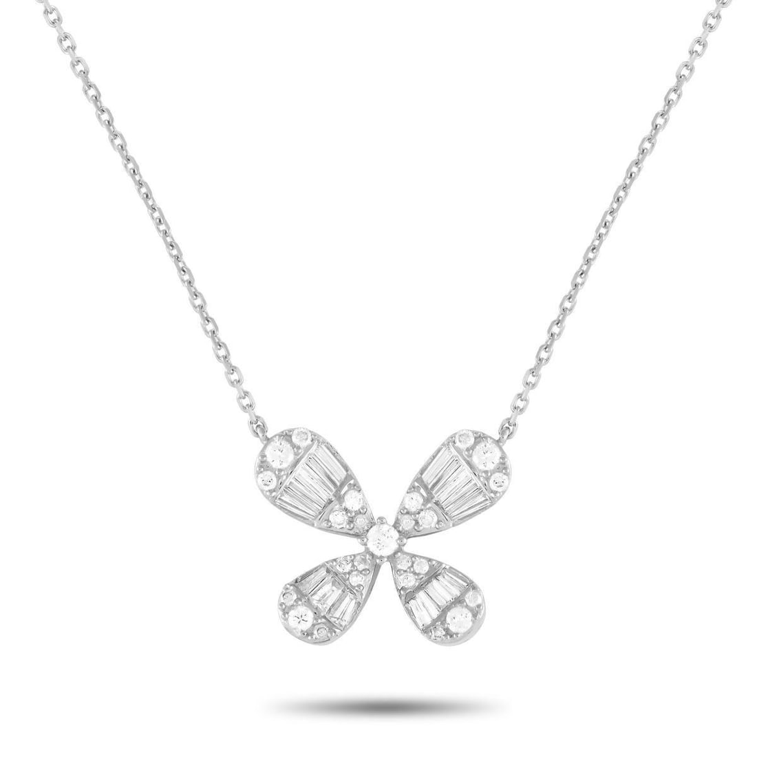14K WHITE GOLD 0.75CT DIAMOND FOUR PETAL FLOWER NECKLACE: Delicate and feminine, this diamond necklace has an easy-going vibe that can instantly freshen up any look. It features a 16 chain in 14K white gold holding a flower-inspired pendant with four pear-sh