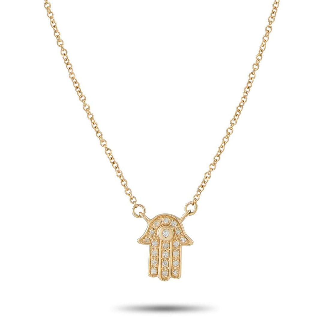 14K YELLOW GOLD 0.10CT DIAMOND HAMSA NECKLACE: Like a soft beacon of calm you can wear, this 14K yellow gold Hamsa pendant holds a bezel-set round diamond at its center, its open palm detailed in pav for a gentle shimmer. The pendant suspends from