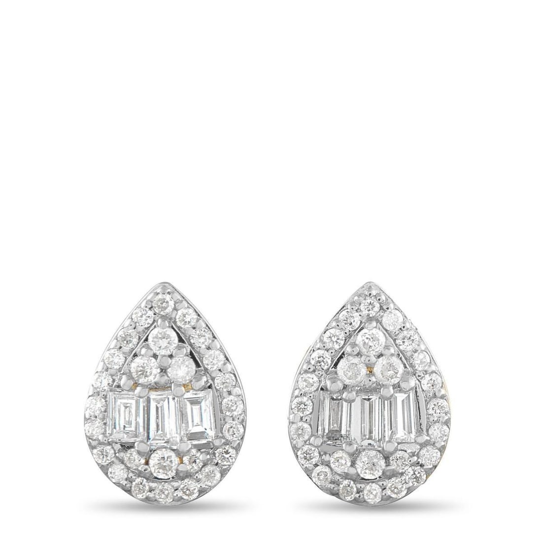 14K YELLOW GOLD 0.25CT DIAMOND CLUSTER PEAR STUD EARRINGS: Clean lines meet understated sparkle in these 14K yellow gold pear-shaped studs. The center features a combination of baguette and round diamonds in a clustered form, framed by a precise outline of sm