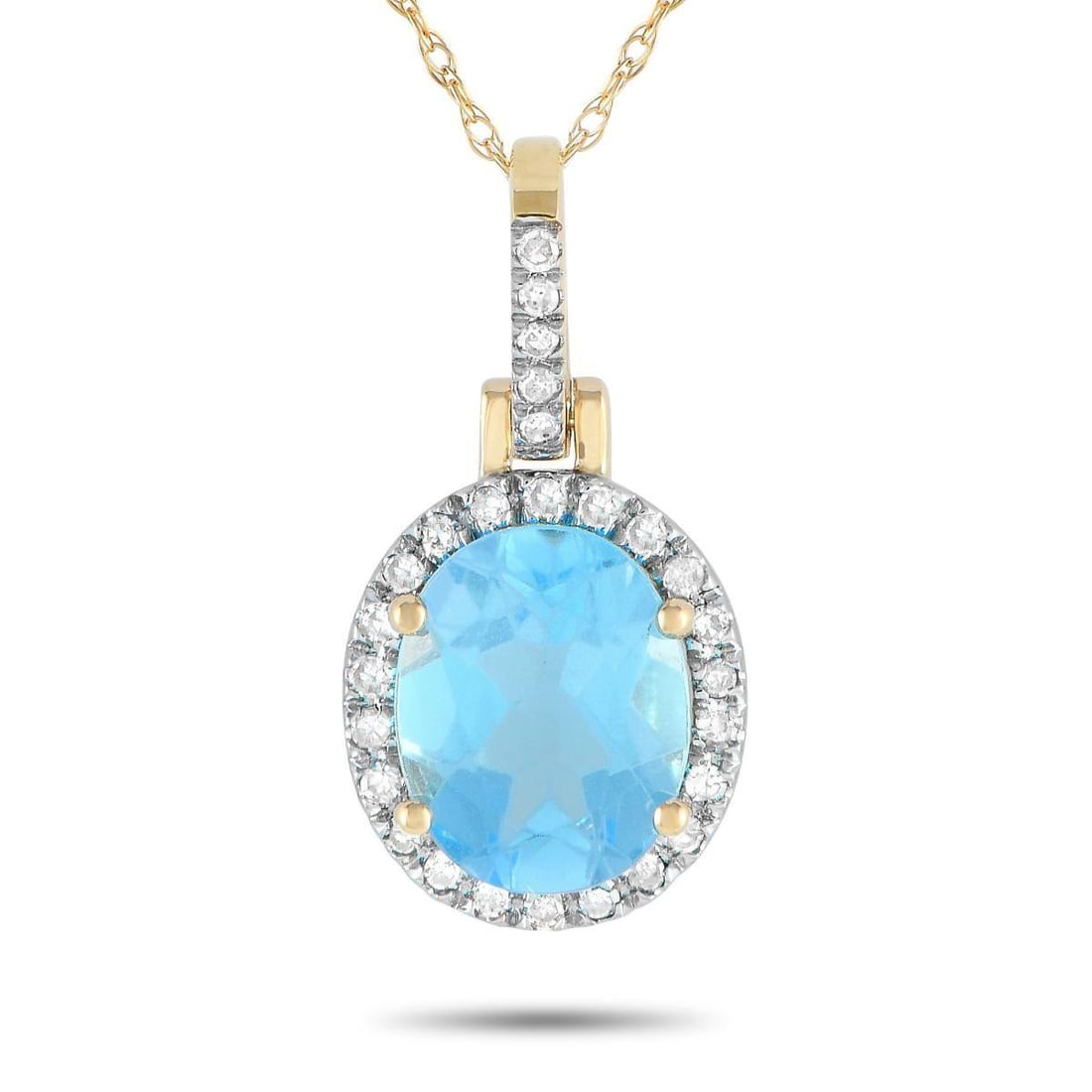 14K YELLOW GOLD 0.13CT DIAMOND AND BLUE TOPAZ OVAL PENDANT: Perfect as a final touch to your cocktail or party outfit. This yellow gold necklace exudes an air of sophistication with its oval blue topaz pendant haloed by petite round diamonds. The bail is also 