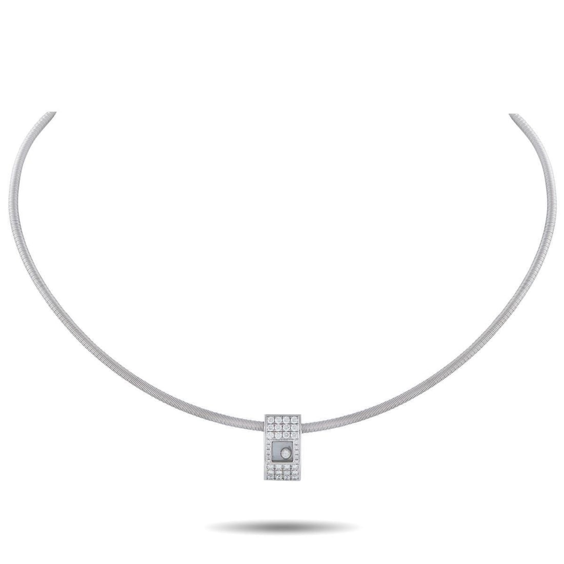 CHOPARD HAPPY DIAMONDS 18K WHITE GOLD DIAMOND NECKLACE: This Chopard Happy Diamonds necklace features a sleek, contemporary design that will complement any upscale ensemble. The 14.25 cord beautifully showcases this pieces central pendant, which includes i