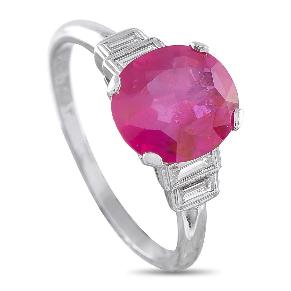 PLATINUM DIAMOND AND 2.09CT NO-HEAT BURMESE RUBY RING: This platinum ring presents a 2.09 carat Burmese ruby accompanied by documentation confirming no heat treatment. The pinkish-red stone is secured by four prongs and set approximately 5mm above the fin
