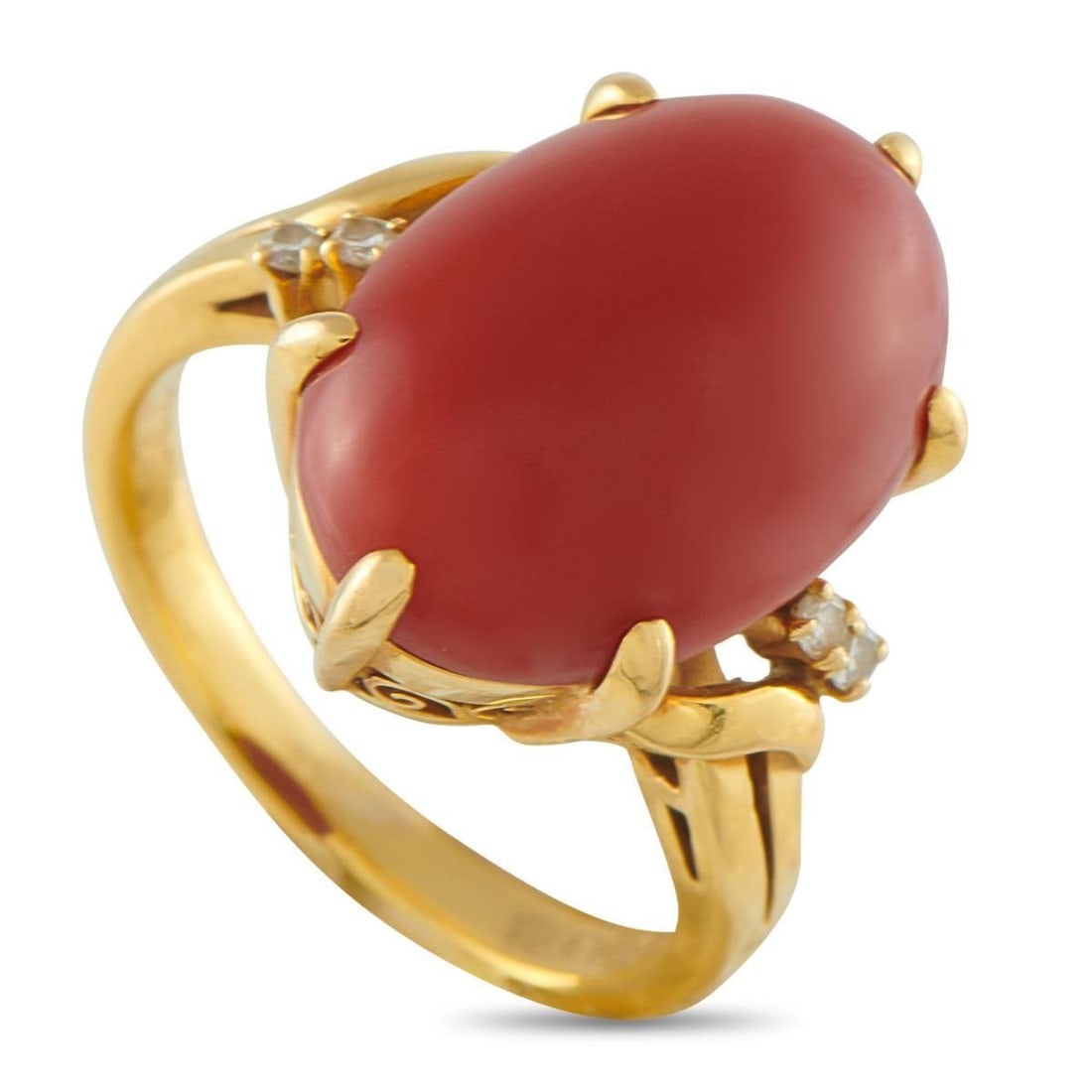 MIKIMOTO 18K YELLOW GOLD DIAMOND AND CORAL RING: Add a stylish pop of color to any ensemble with this exquisite Mikimoto ring. A delicate 18K Yellow Gold setting beautifully showcases the stunning Coral center stone. Subtle Diamond accents add a tou