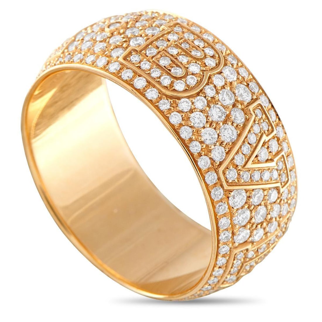 BVLGARI MONOLOGO 18K YELLOW GOLD 2.0CT DIAMOND RING: This Bvlgari Monologo ring features the luxury brands moniker cut in bold relief. Pav set round Diamonds with a total weight of 2.0 carats cover the entirety of this piece, making it an impressive add