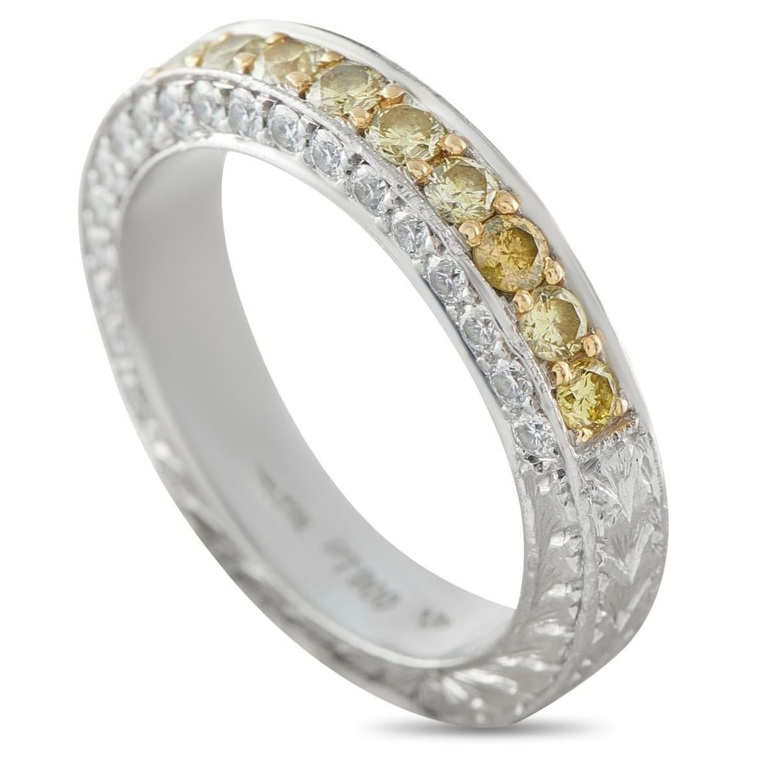PLATINUM DIAMOND BAND RING: This luxury ring looks elegant from every angle. Set in Platinum, Diamonds add a pop of color to the top and extra sparkle to the sides. A 4mm wide band and a 2mm top height make it an ideal piece for