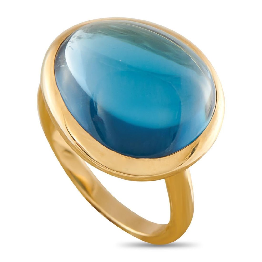 FRED OF PARIS BELLES RIVES 18K YELLOW GOLD LONDON BLUE TOPAZ RING: A minimalist design makes this Fred of Paris Belles Rives ring a sleek, sophisticated addition to any luxury jewelry collection. At the center, a vibrant London Blue Topaz gemstone offers a stylish po