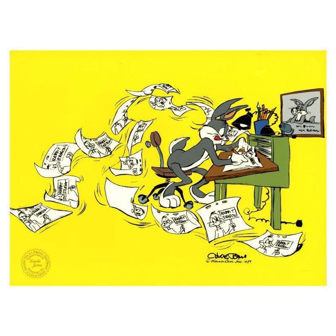 Chuck Jones "Bugs Director: Chuck Amuck" Hand Signed, Hand Painted Limited Edition Sericel.: Bugs Director: Chuck Amuck is a limited edition animation cel with hand painted coloring on sericel outline. The piece is numbered, hand signed by Chuck Jones (1912-2002), and includes a Certificate o