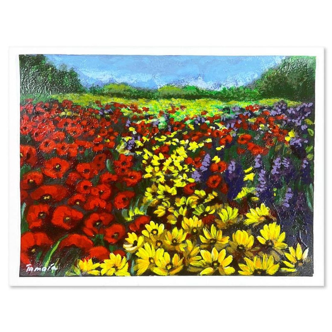Tamara Spolianski, "Flower Landscape I" Hand Signed, Numbered Limited Edition Serigraph with Letter: Flower Landscape I is a limited edition serigraph on paper by Tamara Spolianski. The piece comes hand signed by the artist, numbered, and with a letter of authenticity. Measures approximately 10" x 13