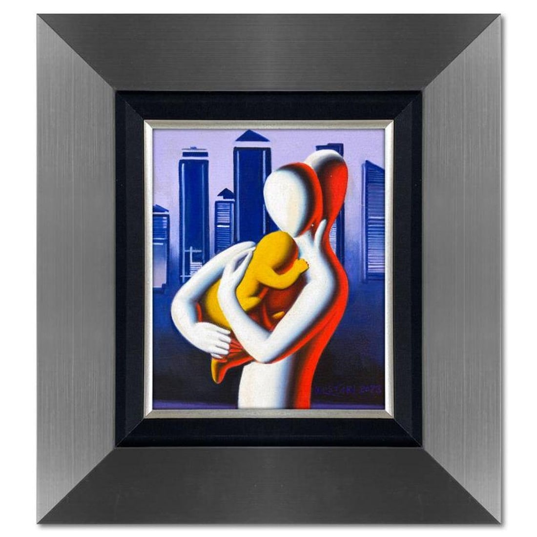 Mark Kostabi, "Embracing the Future" Framed Original Oil Painting on Canvas, Hand Signed with Letter: Embracing the Future is an original oil painting on canvas by Mark Kostabi, hand signed by the artist. This piece comes framed. Includes Certificate of Authenticity. Measures approx. 22" x 20" (frame)