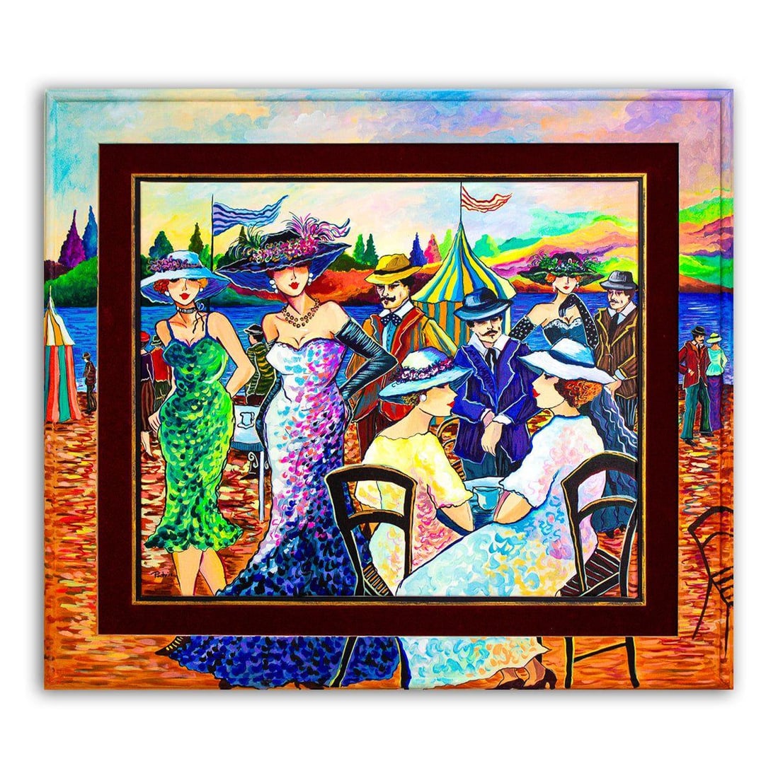 Patricia Govezensky- Original Acrylic with Hand Painted Frame "Party": Artist: Patricia Govezensky. Medium: Original Acrylic with Hand Painted Frame. Title: Party. Size: 20" x 24". Measures approx. 29" x 33" (framed). Signature: Hand Signed by the artist. Certificate of 