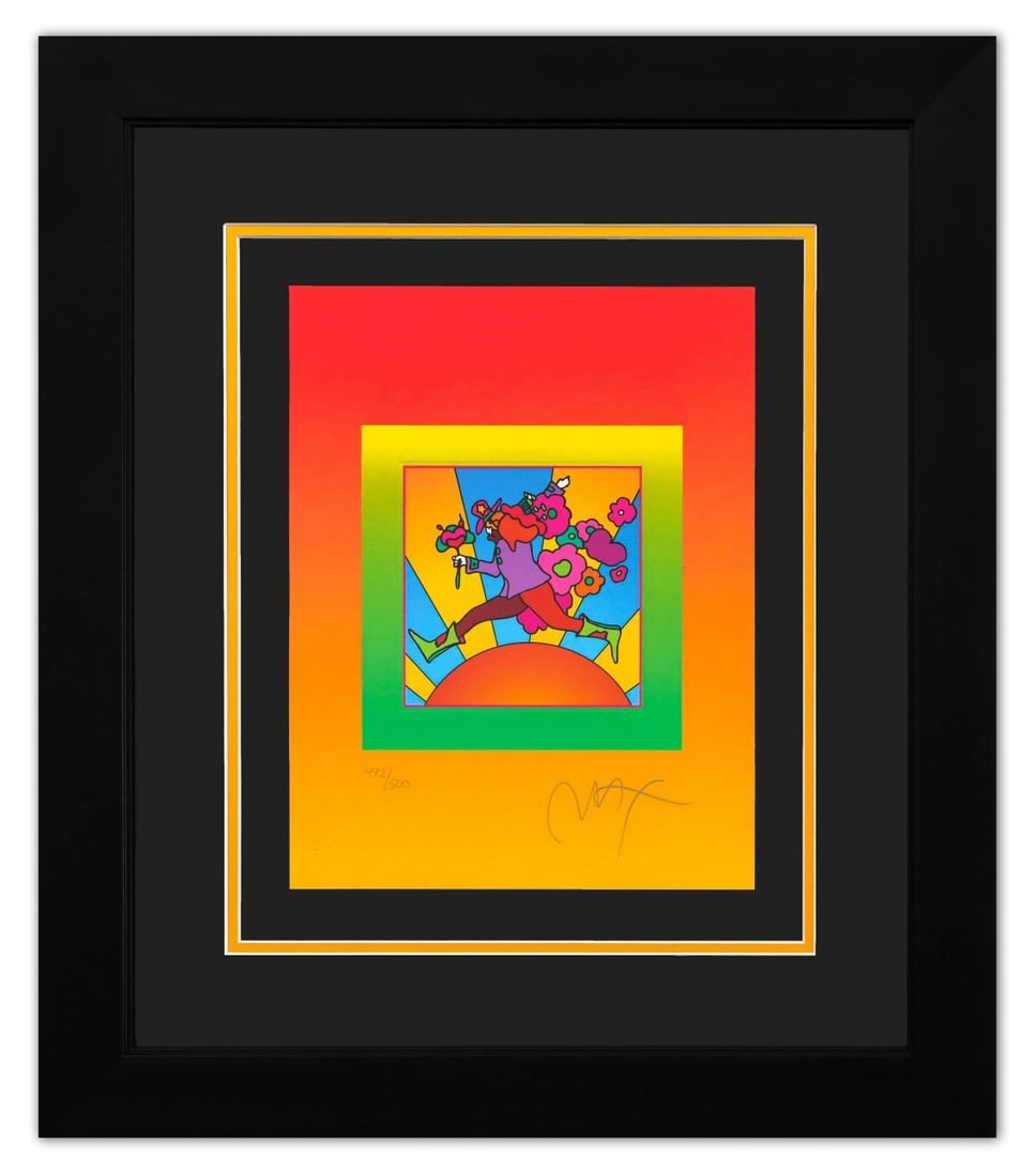 Peter Max- Original Lithograph "Flower Jumper Over Sunrise on Blends": Artist: Peter Max. Medium: Original Lithograph. Title: Flower Jumper Over Sunrise on Blends. Size: 13" x 10". Measures approx. 23" x 20" (framed). Signature: Hand Signed and Numbered by the artist. Ce