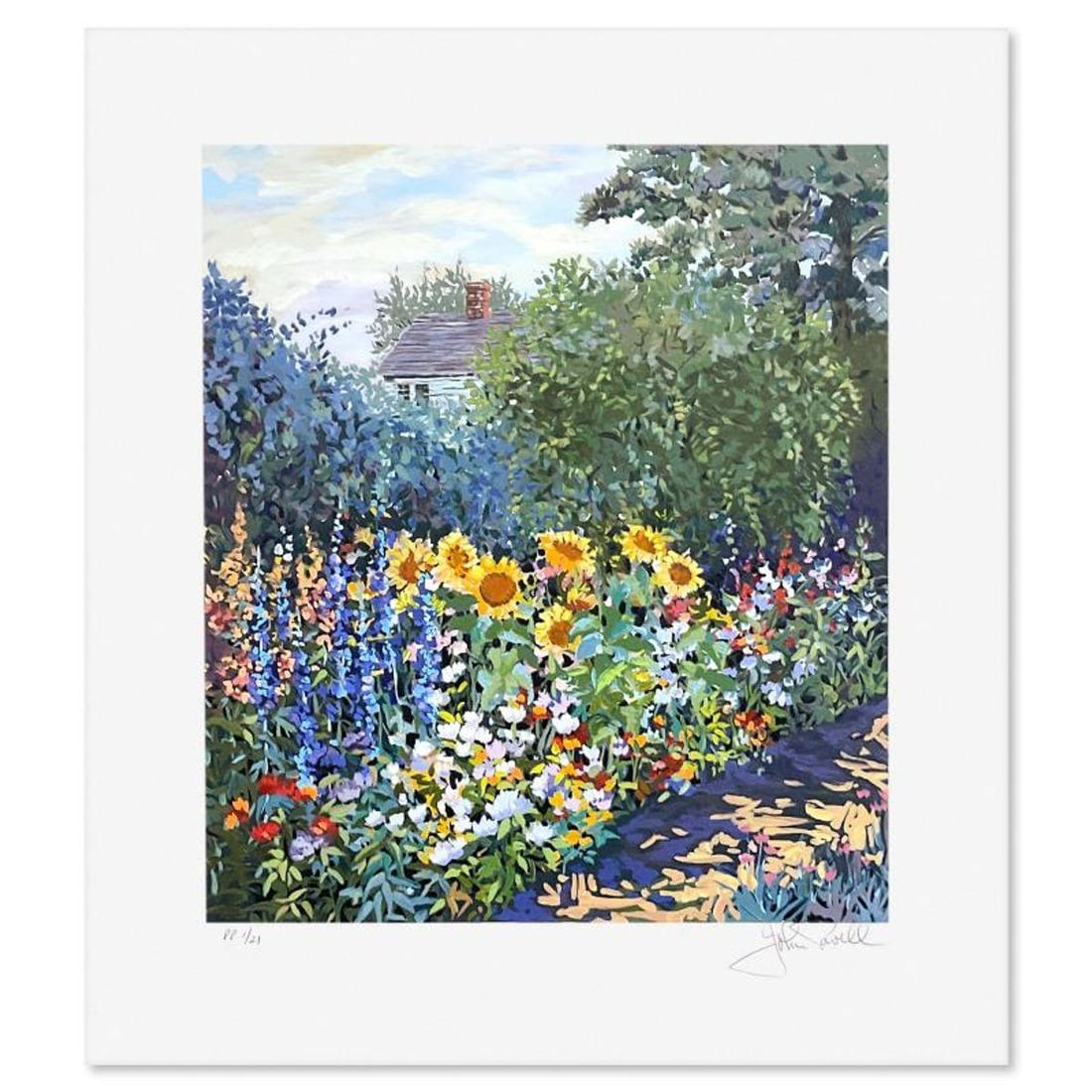 John Powell, "Sunflowers" Limited Edition Printer's Proof Serigraph, Numbered 1/21 and Hand Signed: Sunflowers is a limited edition printer's proof serigraph on paper by John Powell, numbered 1/21 and hand signed by the artist. Includes Letter of Authenticity. Measures approx. 21.5" x 19" (border), 