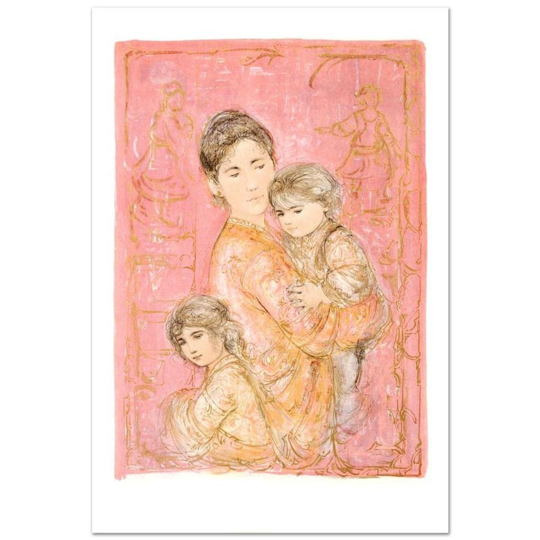 Sonya and Family Limited Edition Lithograph by Edna Hibel (1917-2014), Numbered and Hand Signed with: Sonya and Family is a limited edition lithograph on paper, numbered and hand signed by Edna Hibel (1917-2014). Includes Certificate of Authenticity! Measures approx. 25" x 36" (with border), 21.5" x 3