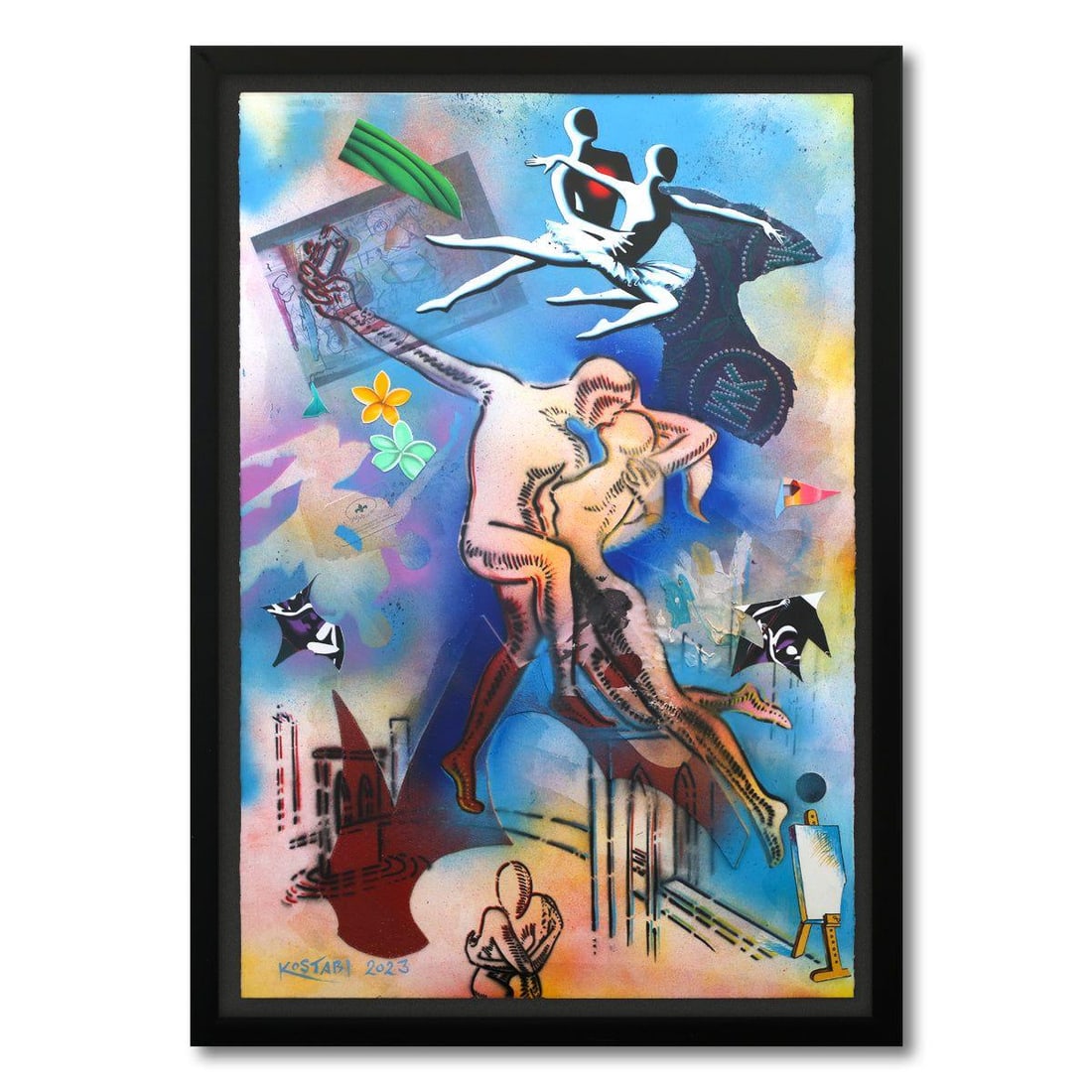 Mark Kostabi- Original Mixed Media on Paper "Fragments of our First Fantasy": Artist: Mark Kostabi. Medium: Original Mixed Media on Paper. Title: Fragments of our First Fantasy. Size: 44" x 30". Measures approx. 49" x 35" (framed). Signature: Hand Signed by the artist. Certific