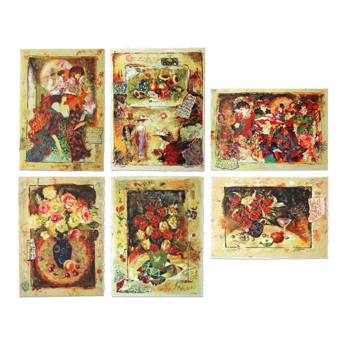Sergey Kovrigo- Set of 6 Serigraph on Paper "Rendezvous, Friendship, Pleasures, Red Bouquet, Wine: Artist: Sergey Kovrigo. Medium: Set of 6 Serigraph on Paper. Title: Rendezvous, Friendship, Pleasures, Red Bouquet, Wine and Roses, Sunshine Roses. Signature: Hand Signed by the Artist. Additional: Pl