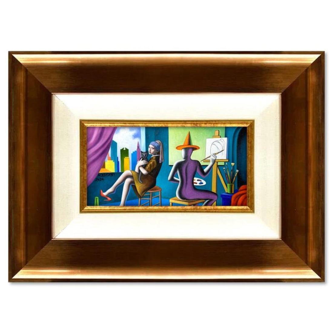 Mark Kostabi, "A Pearl of Wisdom" Framed Original Oil Painting on Canvas, Hand Signed with a: A Pearl of Wisdomis an original oil painting on canvas by Mark Kostabi, hand signed by the artist. This piece comes custom framed. Includes Certificate of Authenticity. Measures approx. 18" x 26" (fra