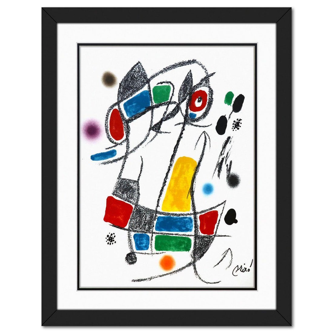 After Joan Miro- Lithograph on light wove paper "Maravillas con variaciones acrosticas 01": Artist: After Joan Miro. Medium: Lithograph on light wove paper. Title: Maravillas con variaciones acrosticas 01. Size: 19" x 14". Measures approx. 25" x 20" (framed). Signature: Signed in the plate. 