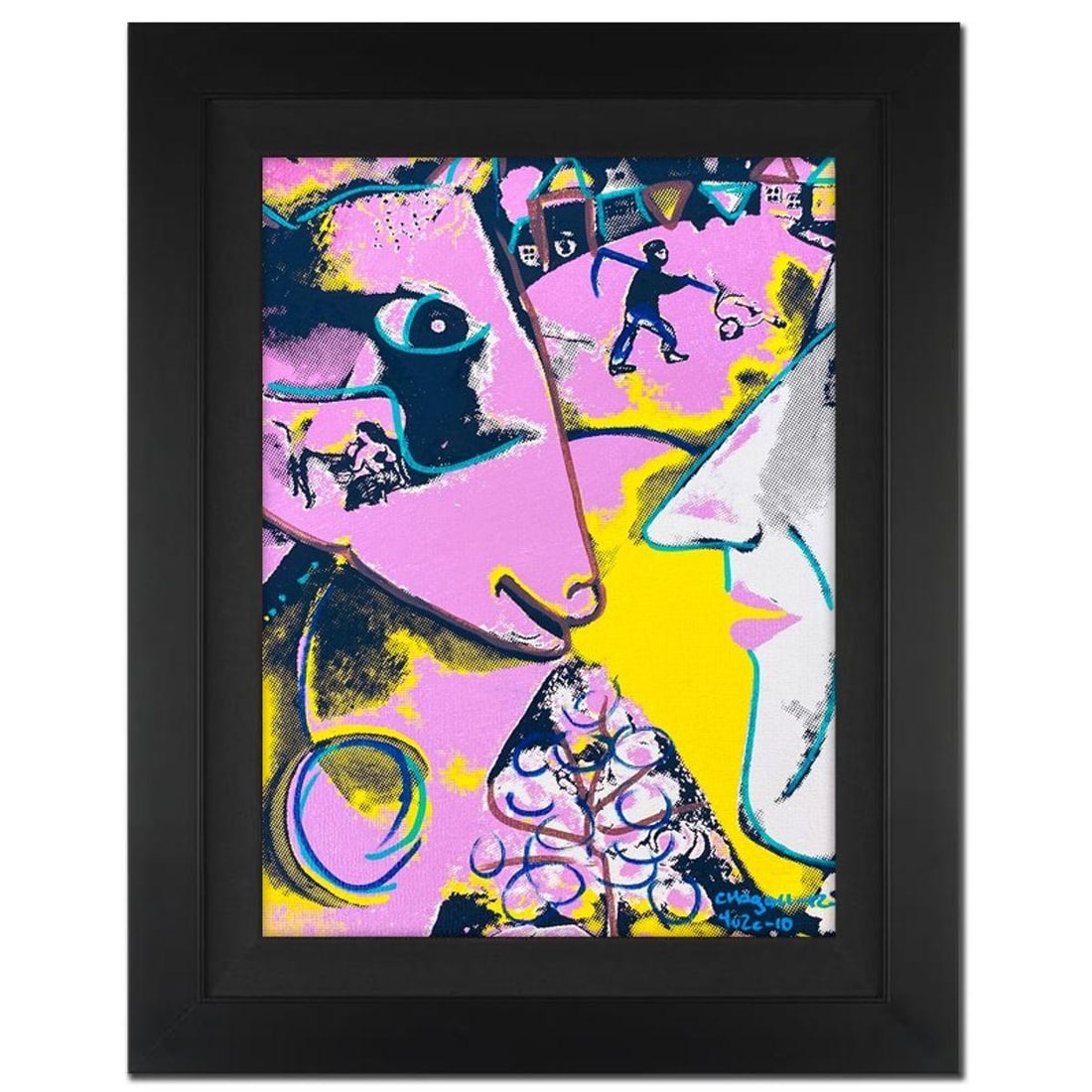 Ringo Daniel Funes, "Chagall and the Village" Framed One-of-a-Kind Mixed Media on Canvas, Hand: Chagall and the Village is a one-of-a-kind hand-pulled mixed media silkscreen on canvas by Ringo (Daniel Funes) - protege of Andy Warhol's apprentice, Steve Kaufman.This piece is hand signed by the ar
