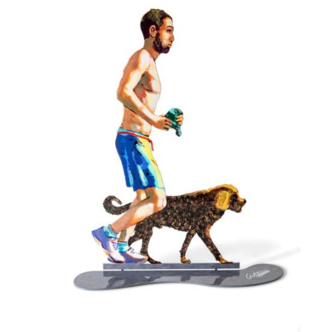 David Gerstein- Free Standing Sculpture "JOGGER WITH DOG": Artist: David Gerstein. Medium: Free Standing Sculpture. Title: JOGGER WITH DOG. Size: 16.3" x 11.4". Signature: Signed. Certificate of Authenticity: Is included. Additional: This piece is free standi