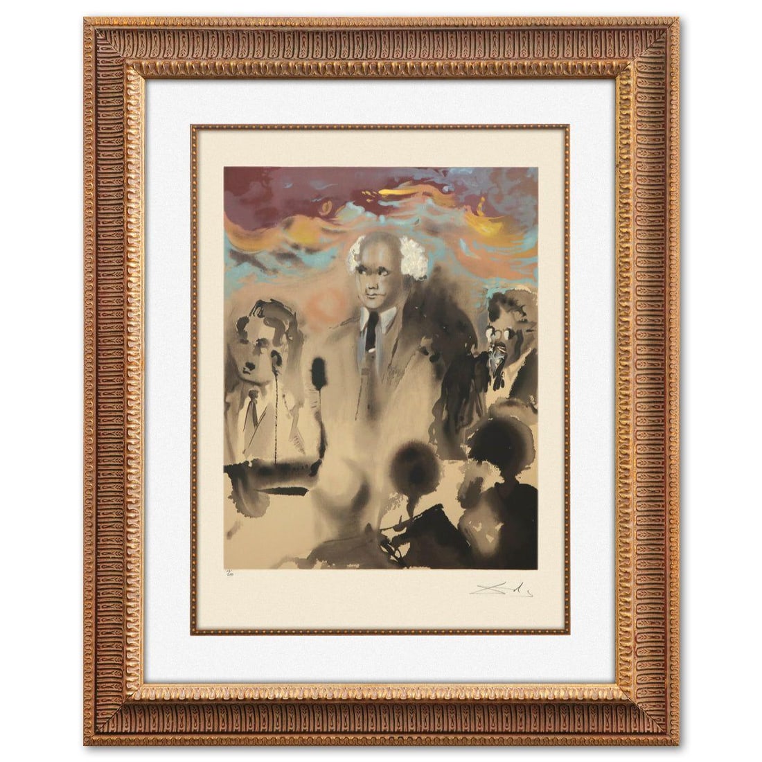 Salvador Dali- Original Lithograph "A moment in history": Artist: Salvador Dali. Medium: Original Lithograph. Title: A moment in history. Size: 20" x 16". Measures approx. 37" x 30" (framed). Signature: Hand signed and numbered. Certificate of Authenticity: 