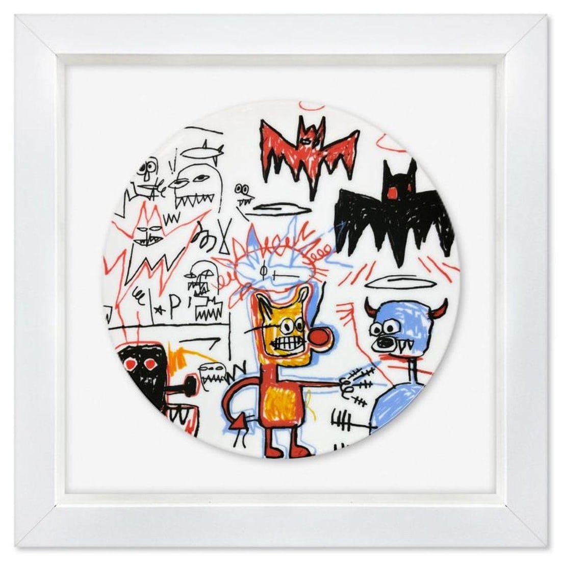 Jean-Michel Basquiat (1960-1988), "Batman 1983" Framed Limoges Porcelain Plate.: Batman 1983 is a Limoges porcelain plate bearing the plate signature inverso of Jean-Michel Basquiat (1960-1988). This plate is custom framed and floated on linen. Measures approx. 16" x 16" (frame), 