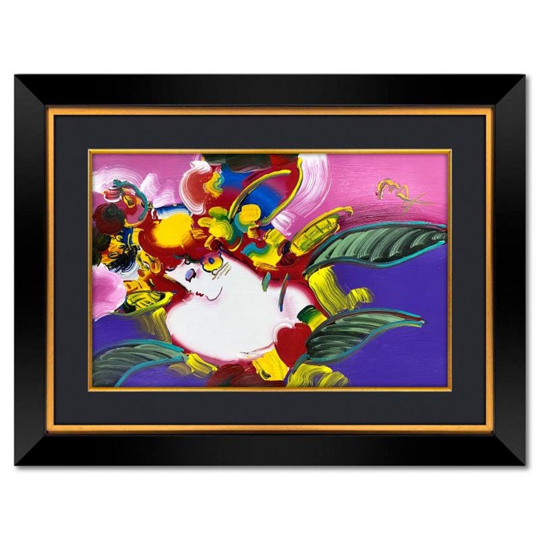 Peter Max, "Woman in Love" Framed One-of-a-Kind Mixed Media, Hand Signed with Registration Number: Woman in Love is a one-of-a-kind mixed media on paper, hand signed by Peter Max. The piece comes custom framed with a backside cutout to display Peter Max Studio registration number 240060 certifying 