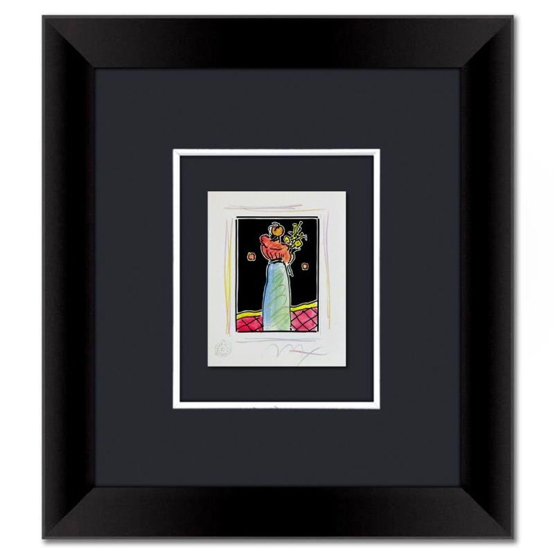 Peter Max, "Woman with Flowers" Framed One-of-a-Kind Mixed Media, Hand Signed with Registration: Woman with Flowers is a one-of-a-kind mixed media on paper, hand signed by Peter Max. The piece comes custom framed with a backside cutout to display Peter Max Studio registration number 372567 certif