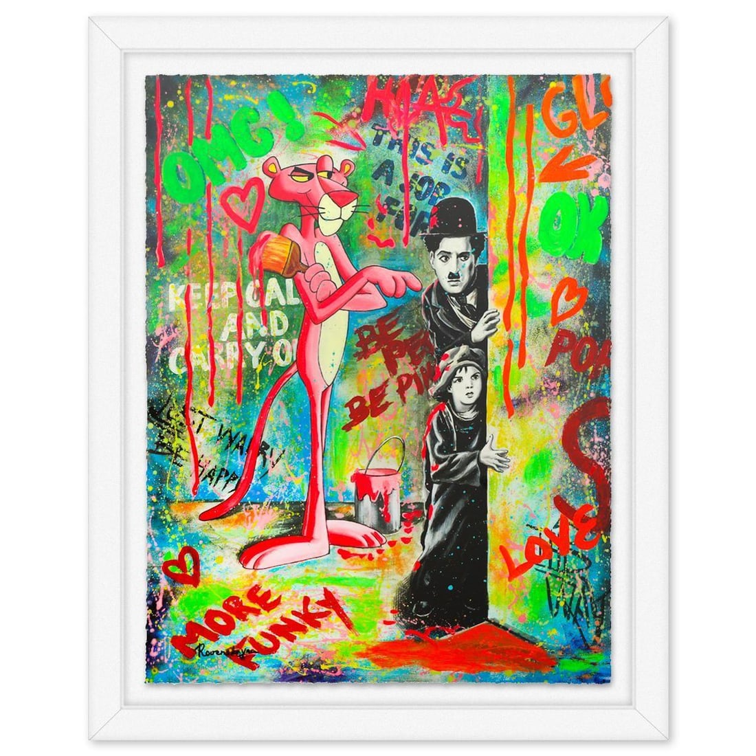 Nastya Rovenskaya- Original Mixed Media on Deckle Edge Paper "Caught Trying to Sneak In": Artist: Nastya Rovenskaya. Medium: Original Mixed Media on Deckle Edge Paper. Title: Caught Trying to Sneak In. Size: 50" x 38". Measures approx. 60" x 48" (framed). Signature: Hand Signed by the