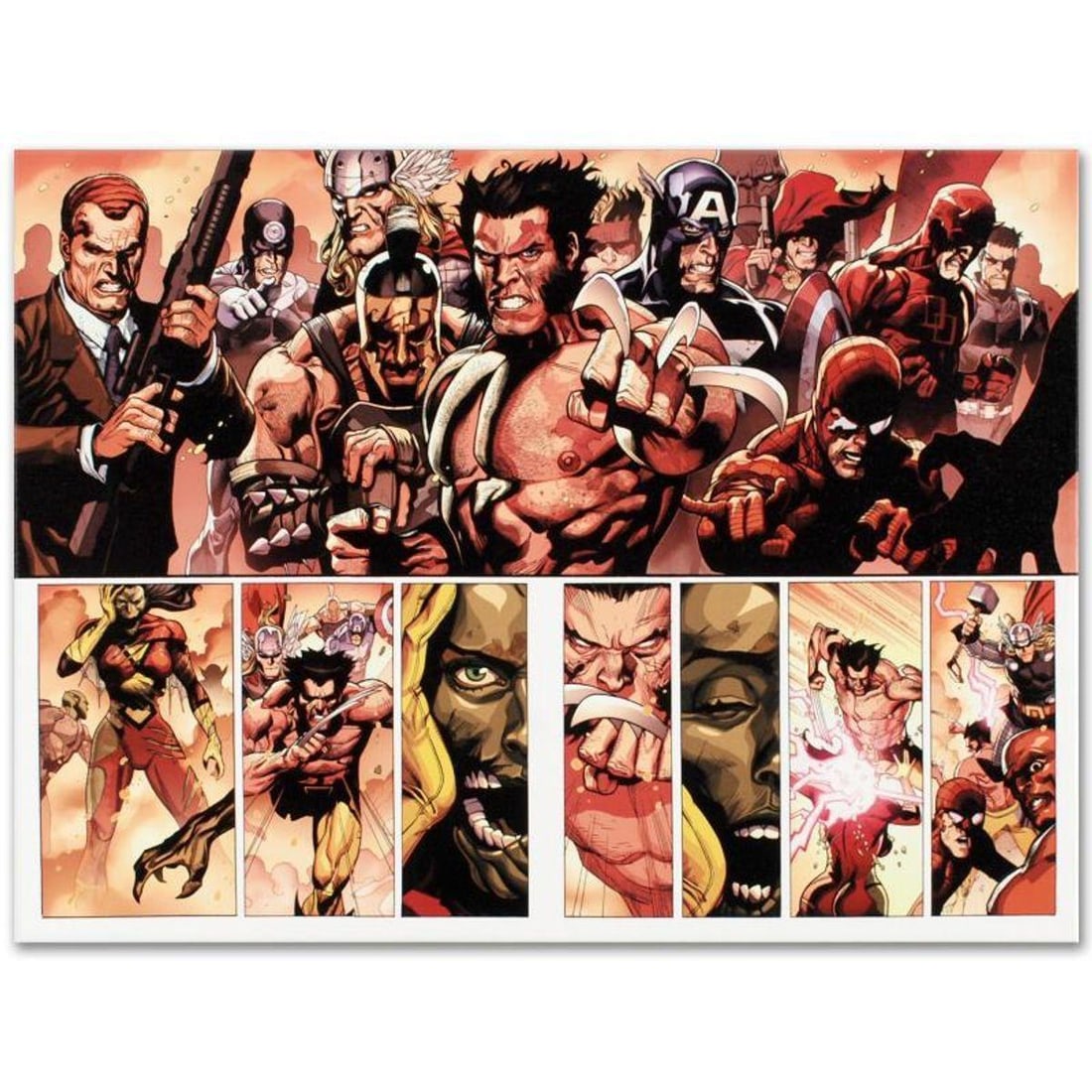 Marvel Comics "Secret Invasion #8" Numbered Limited Edition Giclee on Canvas by Leinil Francis Yu: A piece of comic book history, this limited edition, from original art by Leinil Francis Yu, depicts Wolverine, Spider-Man, DareDevil, Captain America, Ares, and Norman Osborn. After winning the Wizar