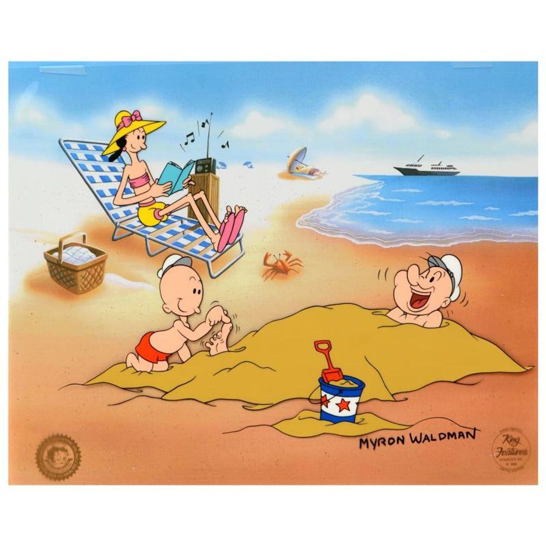 Myron Waldman (1908-2006). "A Day At The Beach" Limited Edition Hand Inked and Painted Animation: A Day At The Beach is a limited edition hand inked and hand painted animation cel with background, numbered and hand signed by Myron Waldman (1908-2006). Includes Certificate of Authenticity! Measures