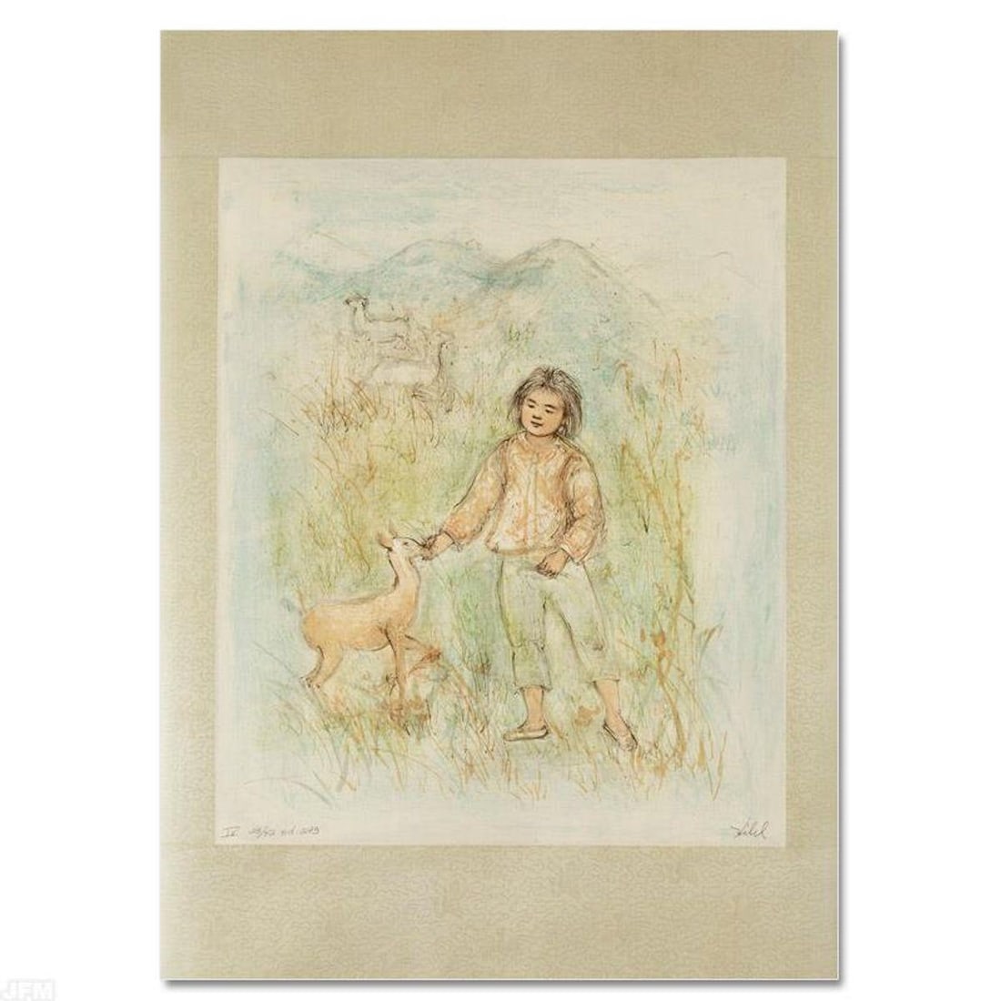 The Forest Friend Limited Edition Lithograph by Edna Hibel (1917-2014), Numbered and Hand Signed: The Forest Friend is a limited edition lithograph on paper, numbered and hand signed by Edna Hibel (1917-2014). Includes Certificate of Authenticity! Measures approx. 20" x 30" (with border) 16" x 19.