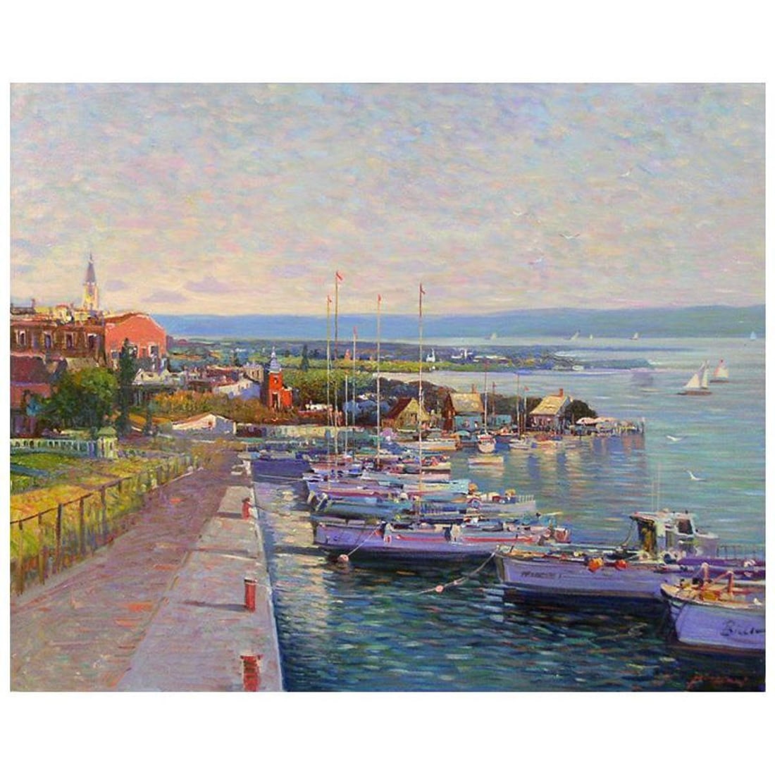Ming Feng, "Twilight Quay" Original Oil Painting on Canvas, Hand Signed with Letter of Authenticity.: Twilight Quay is an original oil painting on stretched canvas by Ming Feng, hand signed by the artist. Includes Letter of Authenticity. Measures approx. 30" x 24" (image).