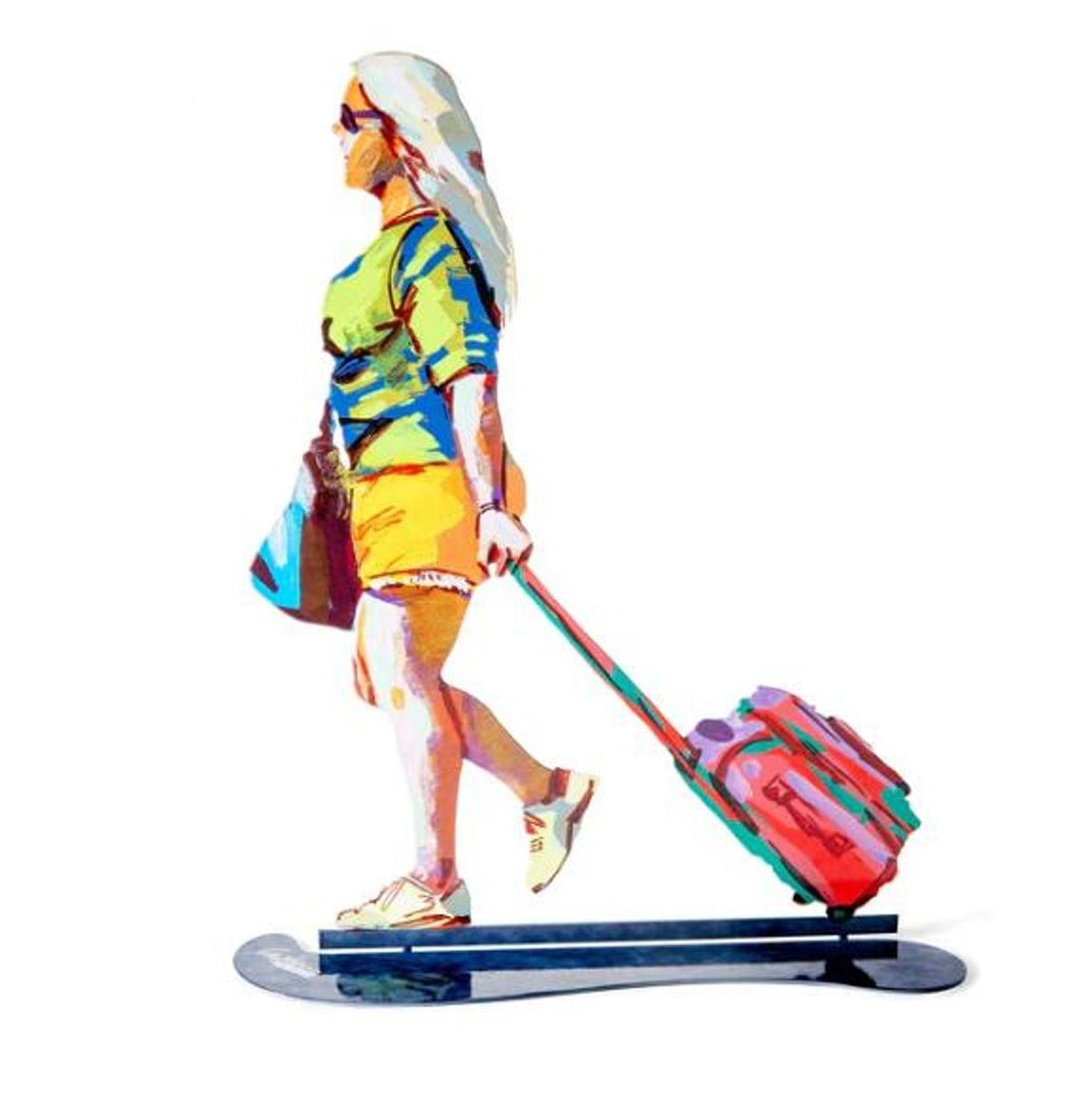 David Gerstein- Free Standing Sculpture "TOURIST WITH RED TROLLY": Artist: David Gerstein. Medium: Free Standing Sculpture. Title: TOURIST WITH RED TROLLY. Size: 16.3" x 13.4". Signature: Signed. Certificate of Authenticity: Is included. Additional: This piece is fre