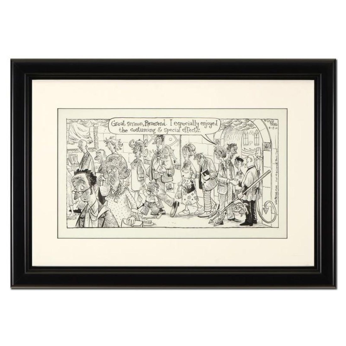 Bizarro, "Holy Special Effects" is a Framed Original Pen & Ink Drawing by Dan Piraro, Hand Signed: Enter a surreal and satirical world of twisted imagination and award winning creativity. "Holy Special Effects" is an original pen & ink drawing on paper by Dan Piraro, creator of the critically accla