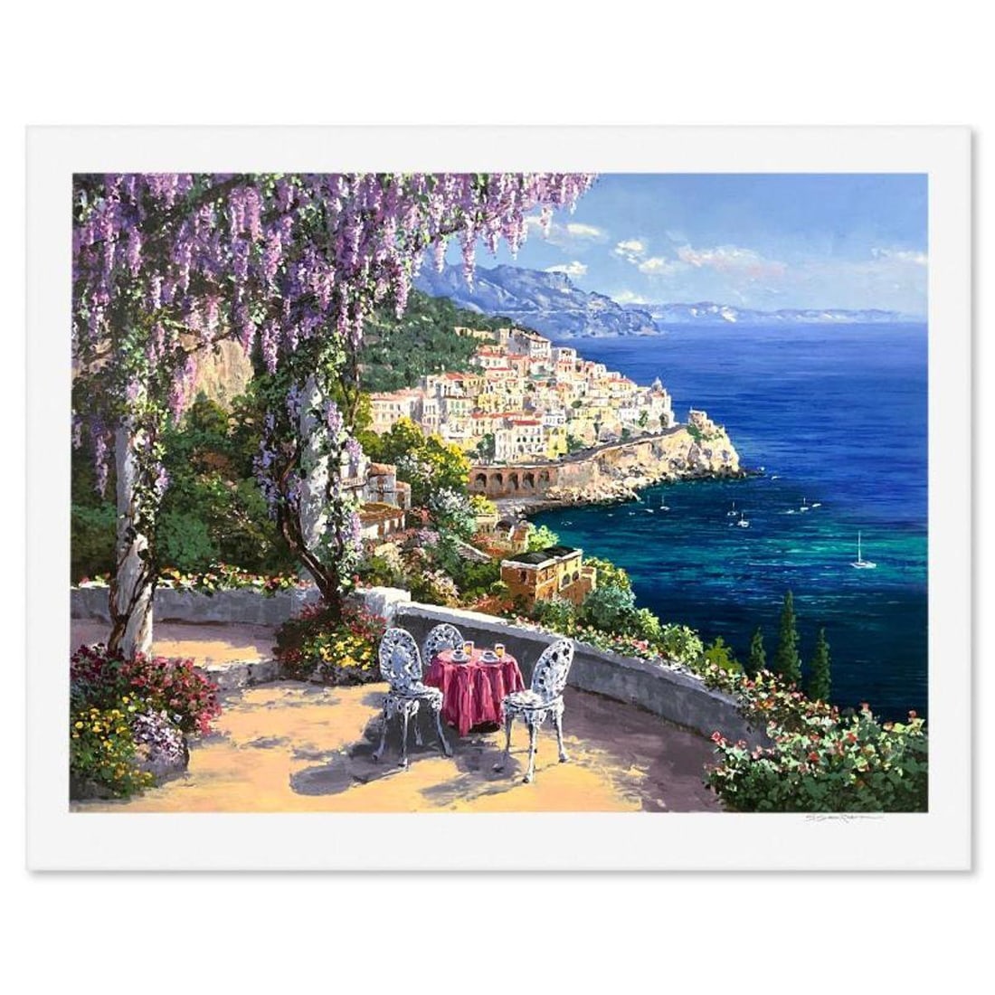 Sam Park, "Amalfi Patio" Limited Edition Printer's Proof Serigraph, Numbered and Hand Signed with: Amalfi Patio is a limited edition printer's proof serigraph on paper by Sam Park, numbered and hand signed by the artist. Includes Letter of Authenticity. Measures approx. 34.5" x 44" (border), 30" x 
