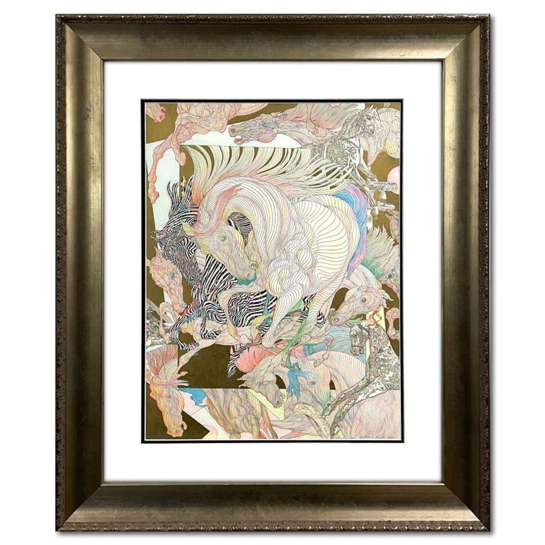 Guillaume Azoulay, Framed Hand Colored Original Drawing with Gold Leaf, Hand Signed with Letter of: This is an hand colored original drawing on paper with hand laid gold leaf by Guillaume Azoulay, hand signed by the artist. This piece comes custom framed. Includes Letter of Authenticity. Measures ap