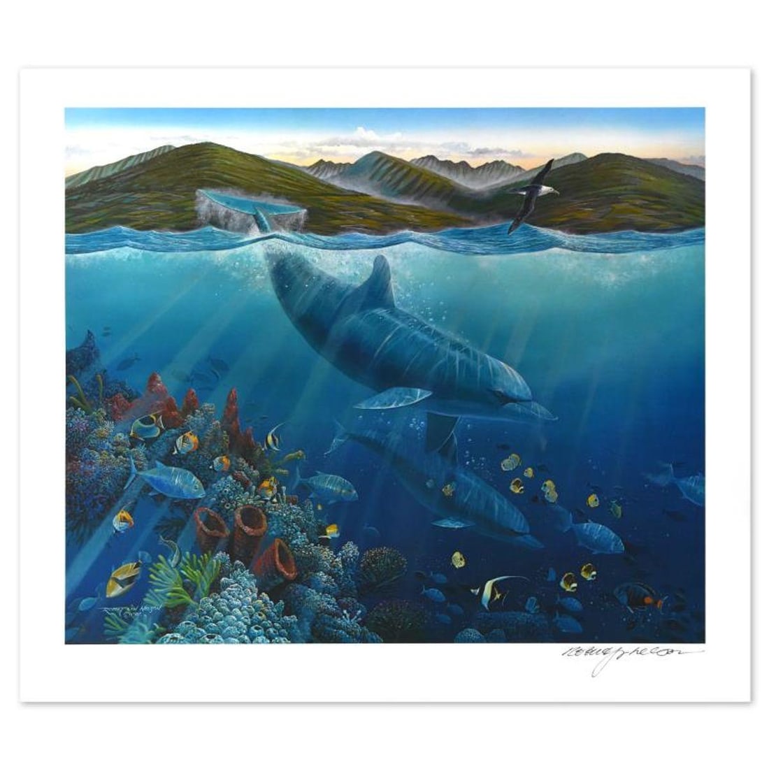 Robert Lyn Nelson, "Lahaina Sea Flight" Limited Edition Mixed Media, Numbered and Hand Signed with: Lahaina Sea Flight is a limited edition mixed media on paper, numbered and hand signed by the artist. Includes letter of Authenticity. Measures approx. 31.5" x 27.5" (with border), 27.5" x 23" (image)