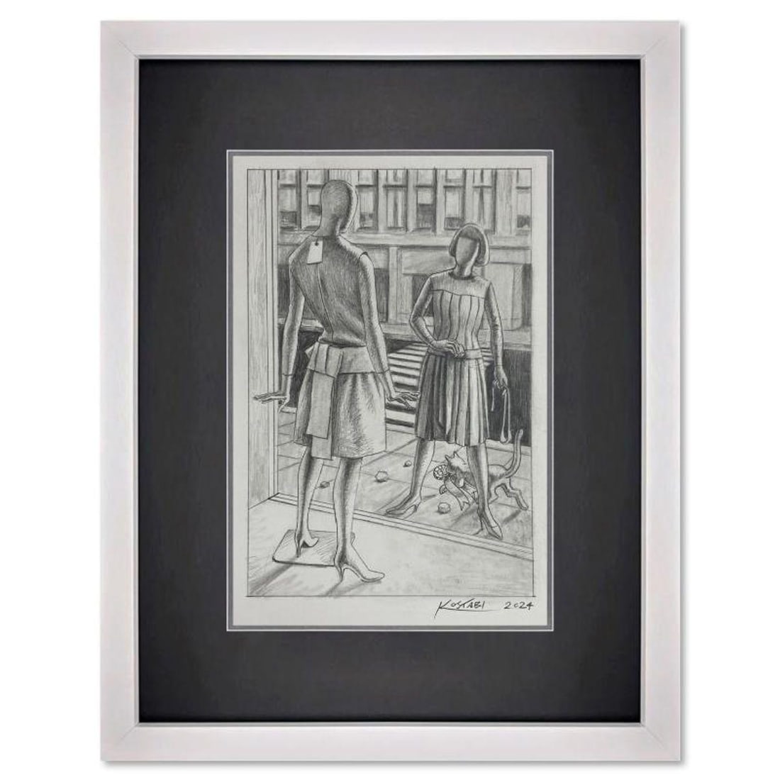 Mark Kostabi, "Mary's Moment in Homage to Mary Quaint" Framed Original Drawing on Paper, Hand Signed: Mary's Moment in Homage to Mary Quaint is an original drawing on paper by Mark Kostabi, hand signed by the artist. This piece comes custom framed. Includes Certificate of Authenticity. Measures approx