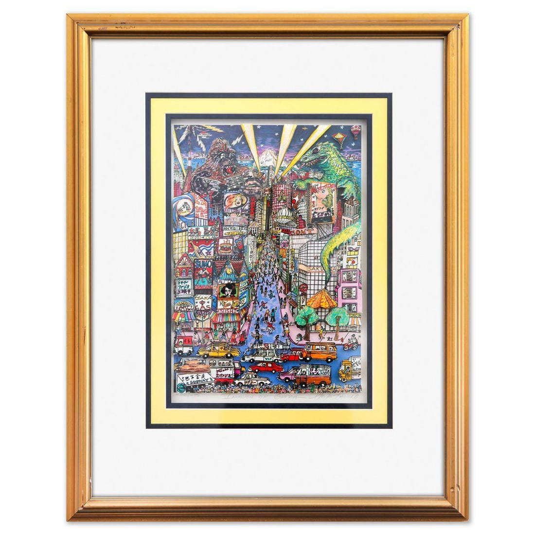 Charles Fazzino- 3D Construction Silkscreen Serigraph "Invasion of Ginza": Artist: Charles Fazzino. Medium: 3D Construction Silkscreen Serigraph. Title: Invasion of Ginza. Size: 16" x 12". Measures approx. 25" x 20" (framed). Signature: Hand Signed and Numbered. Certificate 