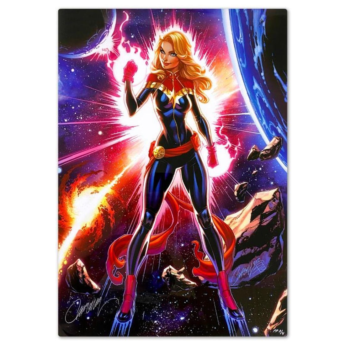 Marvel Comics & J. Scott Campbell, "Captain Marvel" Limited Edition on Aluminum, PP Numbered 3/4 and: Captain Marvel is a limited edition giclee on aluminum from Marvel Comics and J. Scott Campbell, PP numbered 3/4 and hand signed by the artist. Includes Letter of Authenticity. Measures approx. 20" x 