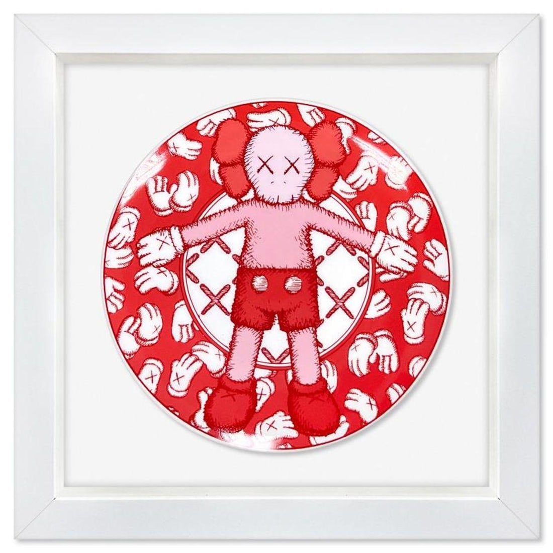 KAWS, Framed Porcelain Plate.: This is a porcelain plate by KAWS. This plate is custom framed and floated on linen. Measures approx. 14.5" x 14.5" (frame), 9" (plate diameter). This item requires special handling and may have a lon