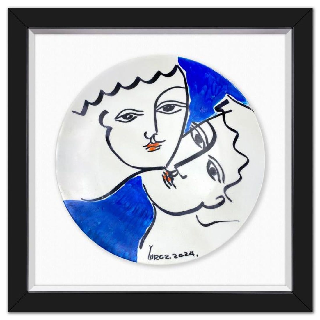 Yuroz, Framed Hand Painted Ceramic Plate, Hand Signed with Letter of Authenticity.: This is a hand painted ceramic plate by Yuroz, hand signed by the artist. This piece comes custom framed floated on linen. Includes Letter of Authenticity. Measures approx. 15.5" x 16" (frame), 11" (d
