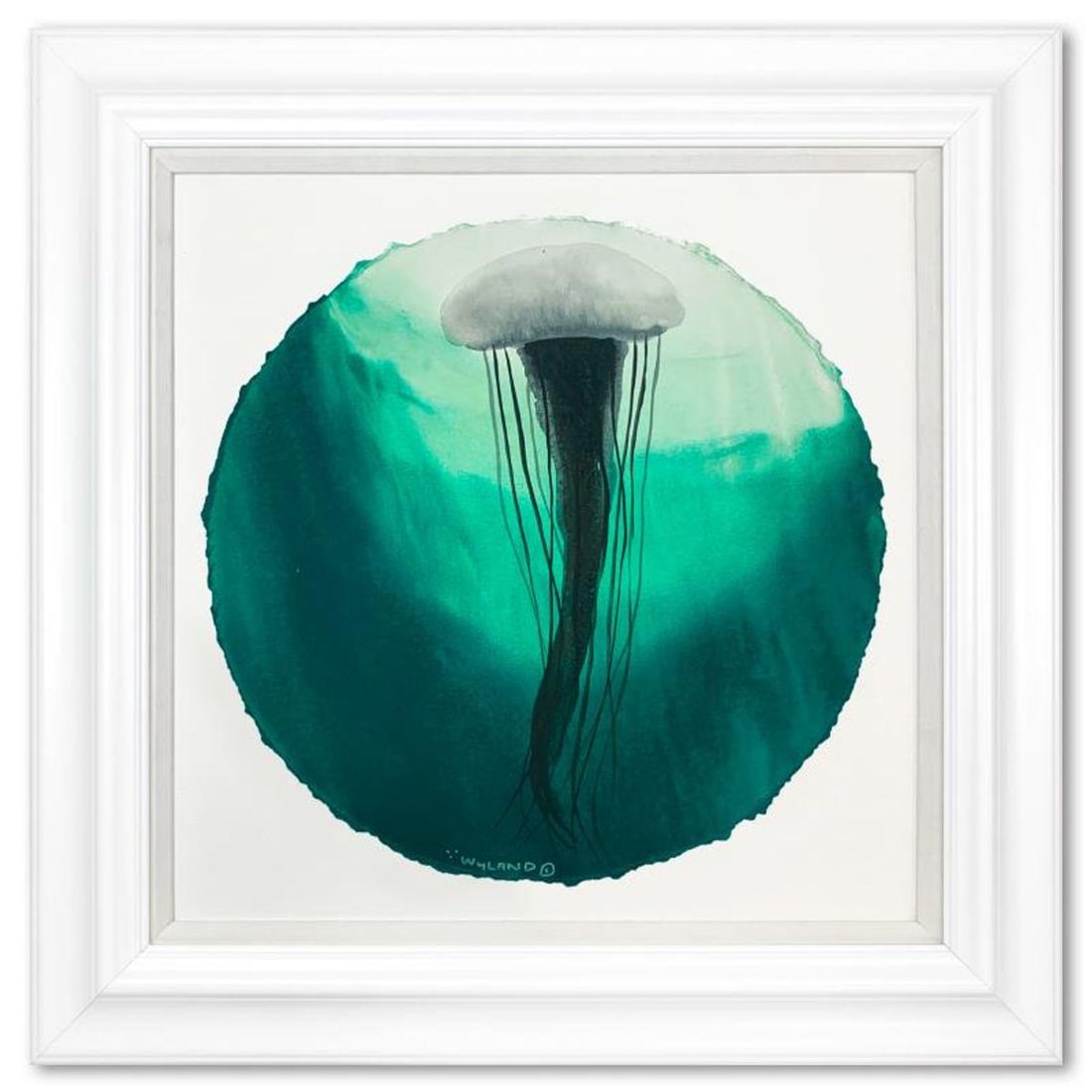 Wyland, "Green Jellyfish Float" Framed, Hand Signed Original Painting with Letter of Authenticity.: Green Jellyfish Float is an original painting, watercolor on deckle edge paper by Wyland. Hand signed by the artist, the piece comes custom framed and with a letter of authenticity. Measures approxima