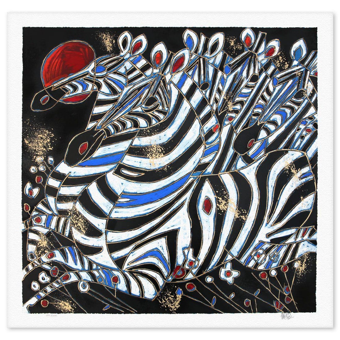 Jian Tie Feng- Silkscreen "Imperial Zebras": Artist: Jian Tie Feng. Medium: Silkscreen. Title: Imperial Zebras. Size: 41" x 41". Signature: Hand Signed and Numbered. Reference#: 80530.