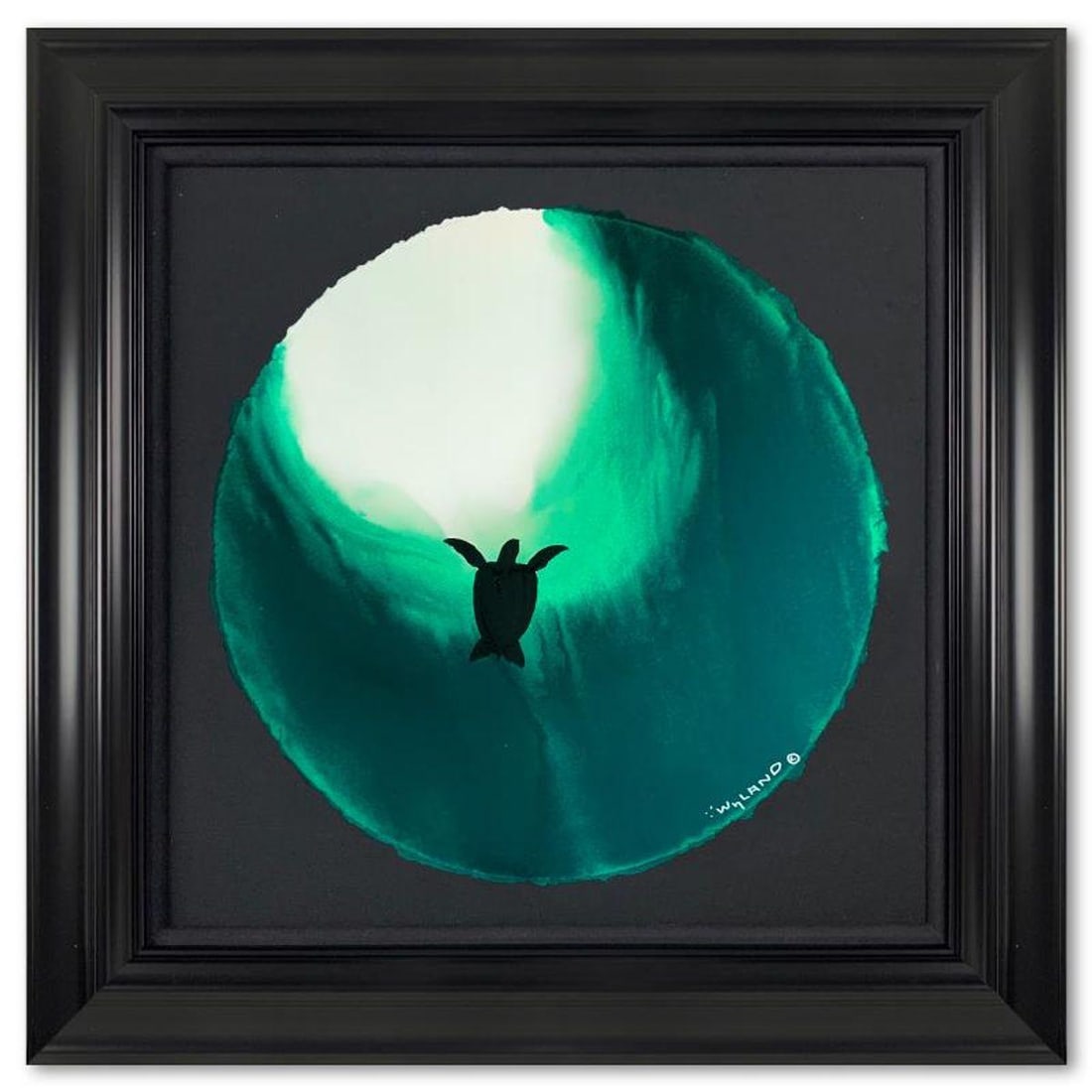 Wyland- Original Watercolor Painting on Deckle Edge Paper "Floating in a green Sea": Artist: Wyland. Medium: Original Watercolor Painting on Deckle Edge Paper. Title: Floating in a green Sea. Size: 19.5" x 19.5". Measures approx. 27.5" x 27.5" (framed). Signature: Hand signed. Certifi
